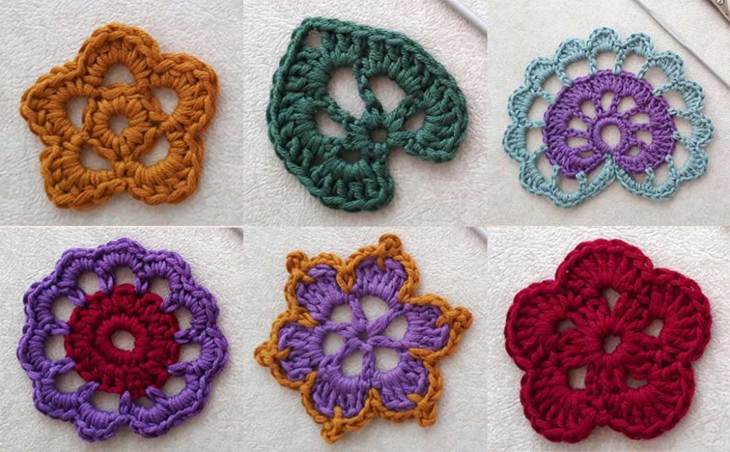 small crochet flower and leaf motifs
